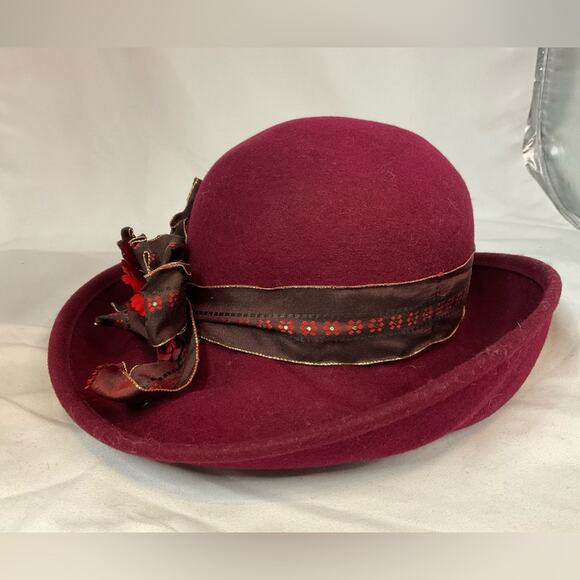 VTG BOLLMAN HAT CO DOESKIN FELT 100% WOOL MAROON RED RIBBON TRIM FLOWERS 1 SIZE - Picture 7 of 9